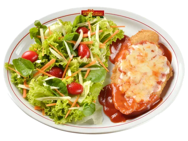 Chicken Filet Parmegiana, prato completo com acompanhamentos